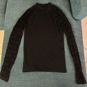 VENUS Black Ribbed Mock Neck Top with Lace Long Sleeves